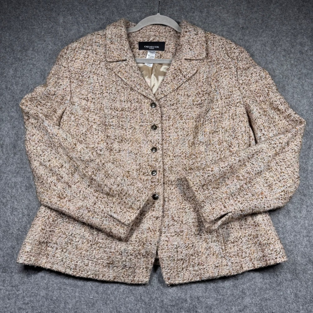 Jones New York Woman Tweed Blazer Jacket Brown Pink Tan Wool Blend Size 16W - Picture 1 of 9